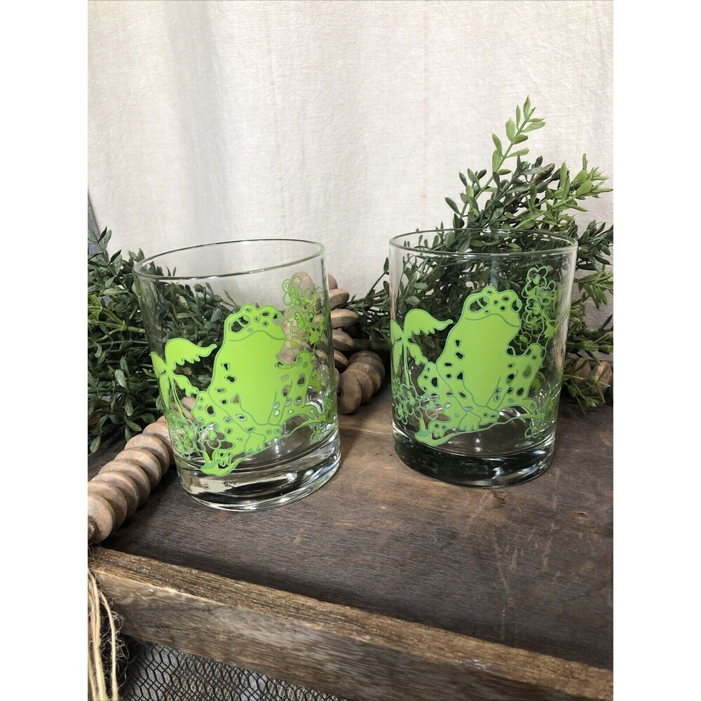 Pair Of Vtg Taste Setter Rocks Glass Whiskey Old Fashioned Frogs Palms 12oz